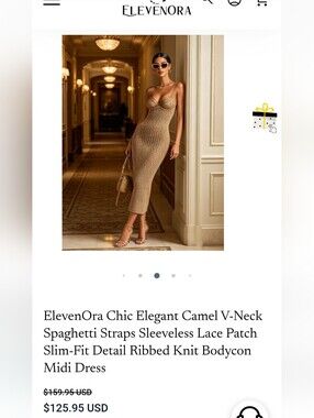 Elegant Camel Ribbed Knit Midi Dress with Spaghetti Straps